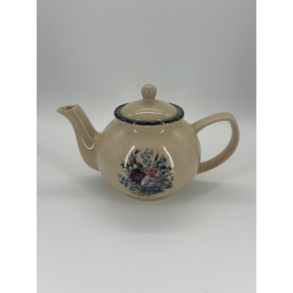 Home & Garden Party Ltd 2002 Floral Teapot Beige Stoneware Cottagecore